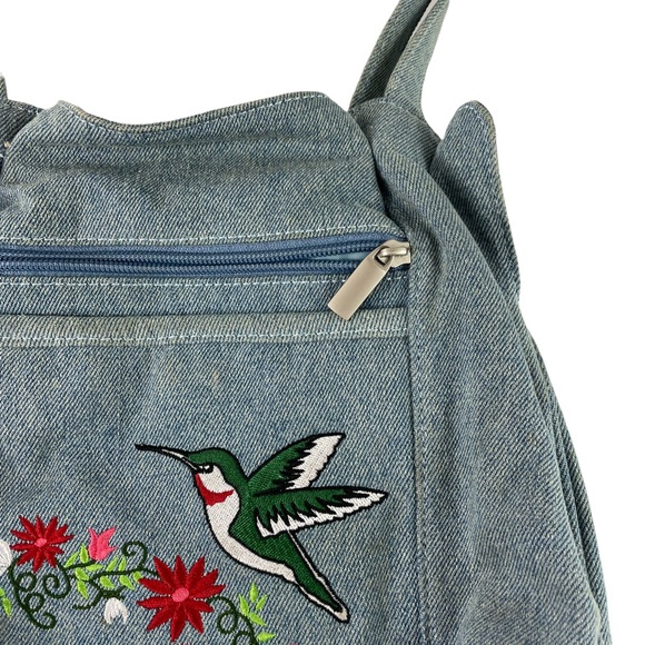 Vintage Cottagecore Mushroomcore Embroidered Denim Hummingbird Floral Handbag BL - Picture 4 of 15